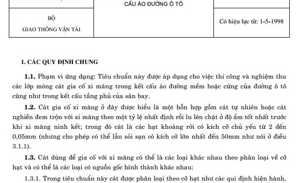 22TCN 246-98 Quy trình thi công và nghiệm thu cát gia cố xi măng trong áo đường ô tô