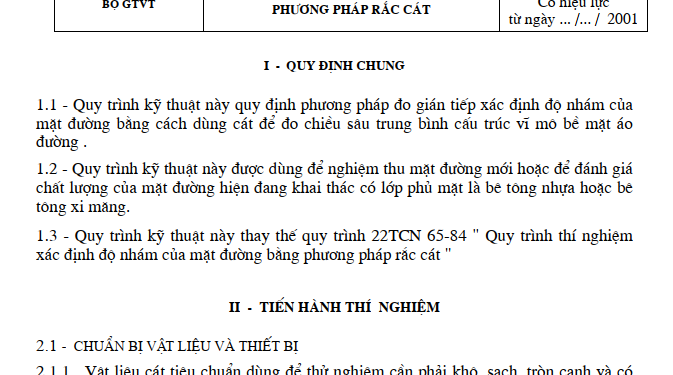 22TCN 228-01 QUY TRÌNH THÍ NGHIỆM XÁC ĐỊNH ĐỘ NHÁM CỦA MẶT ĐƯỜNG ĐO BẰNG PHƯƠNG PHÁP RẮC CÁT