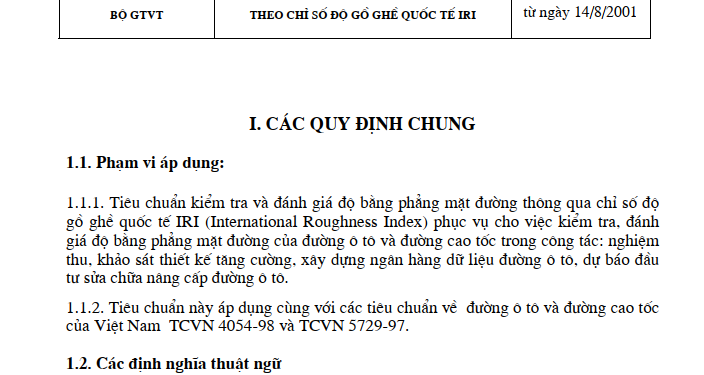 22TCN-277-01 Tiêu chuẩn kiểm tra và đánh giá độ bằng phẳng mặt đường theo chỉ số độ gồ ghề quốc tế IRI